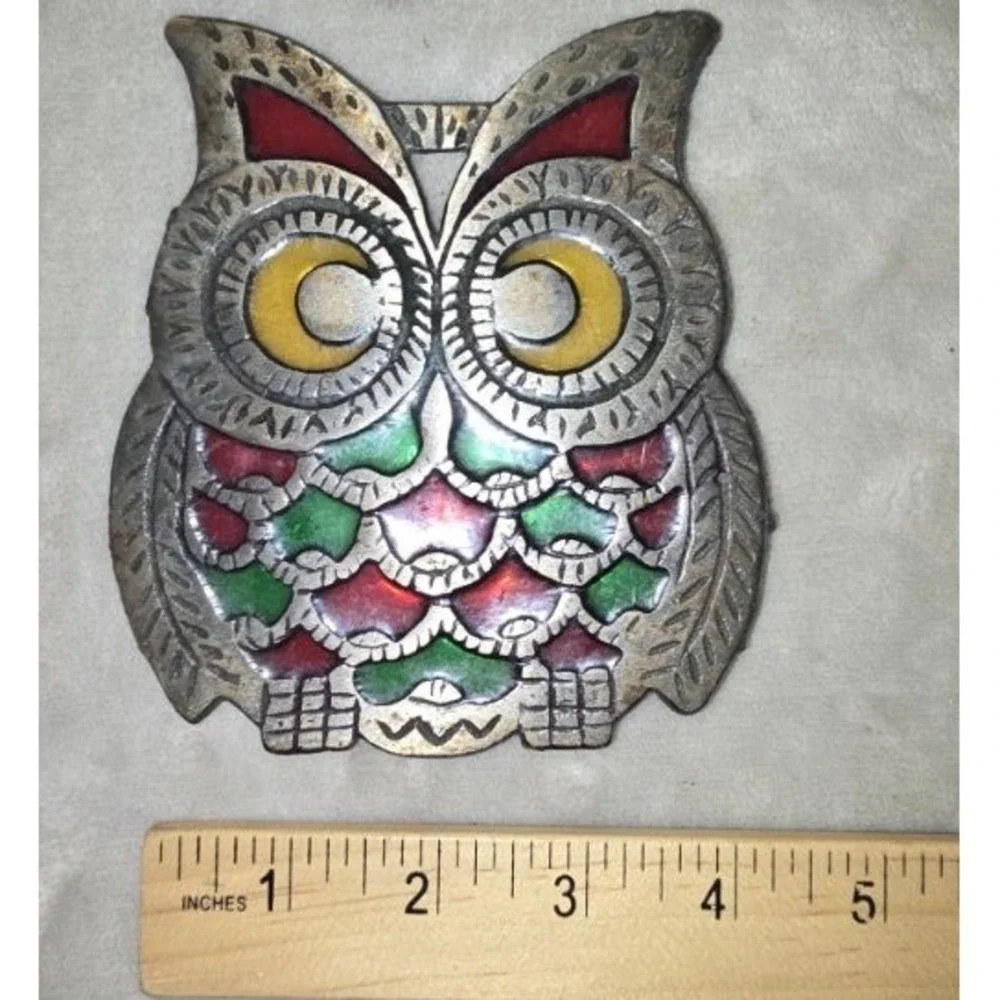 Vintage Owl Trivet Cast Metal Stained Glass Hot Plate Kitchen Pot Rest Taiwan